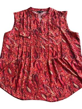 Ava & Grace Red Paisley Sleeveless Pleated Button Top Petite PXL